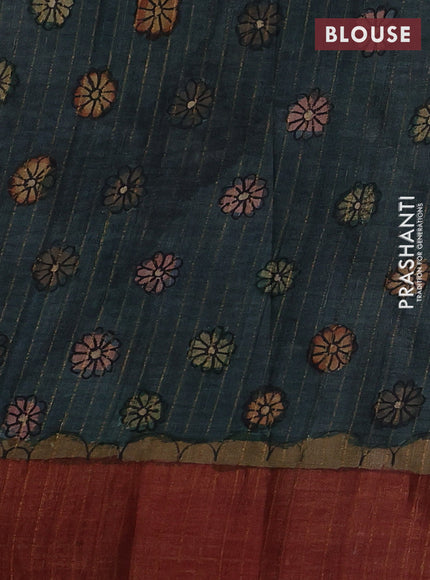 Teal Blue & Maroon Pure Tussar Silk - Pen Kalamkari Prints