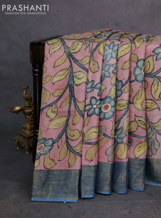 Peach Pink & Blue Pure Tussar Silk - Pen Kalamkari Prints