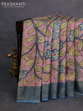 Peach Pink & Blue Pure Tussar Silk - Pen Kalamkari Prints
