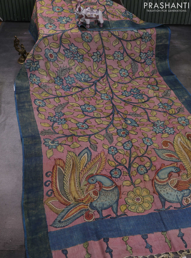 Peach Pink & Blue Pure Tussar Silk - Pen Kalamkari Prints
