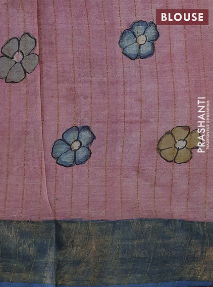 Peach Pink & Blue Pure Tussar Silk - Pen Kalamkari Prints