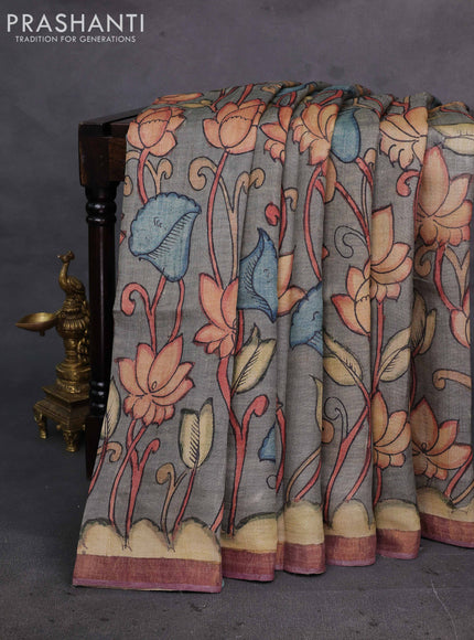 Grey & Mauve Pink Pure Tussar Silk - Pen Kalamkari Prints