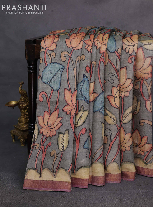Grey & Mauve Pink Pure Tussar Silk - Pen Kalamkari Prints