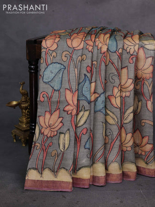 Grey & Mauve Pink Pure Tussar Silk - Pen Kalamkari Prints