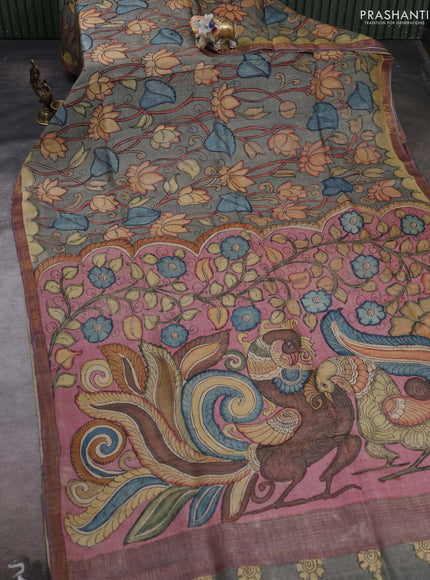 Grey & Mauve Pink Pure Tussar Silk - Pen Kalamkari Prints