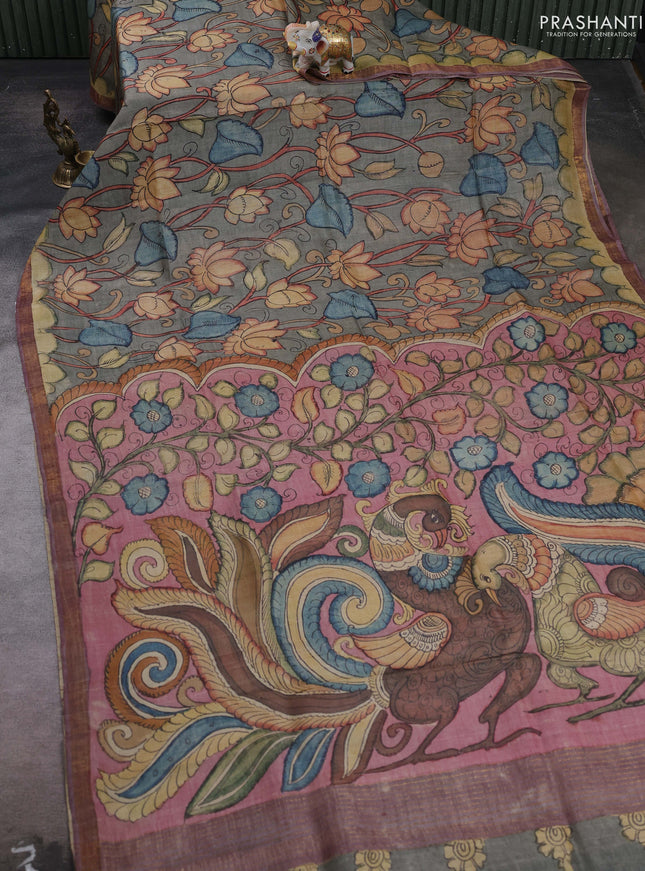Grey & Mauve Pink Pure Tussar Silk - Pen Kalamkari Prints