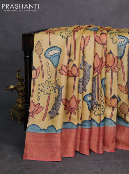 Yellow Pure Tussar Silk - Pen Kalamkari Prints