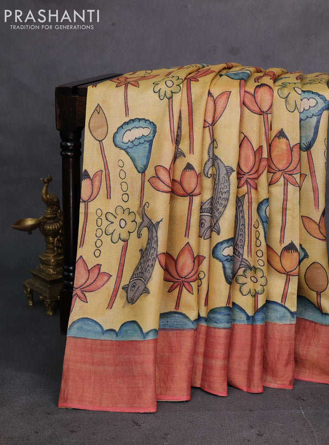 Yellow Pure Tussar Silk - Pen Kalamkari Prints