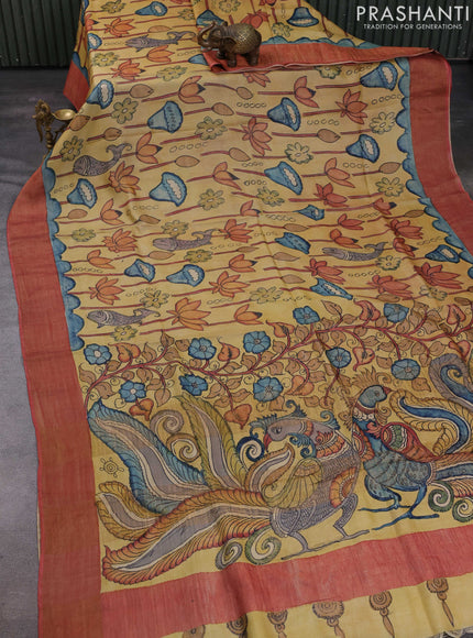 Yellow Pure Tussar Silk - Pen Kalamkari Prints