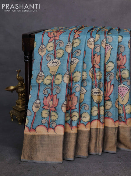 Teal Blue & Grey Pure Tussar Silk - Pen Kalamkari Prints