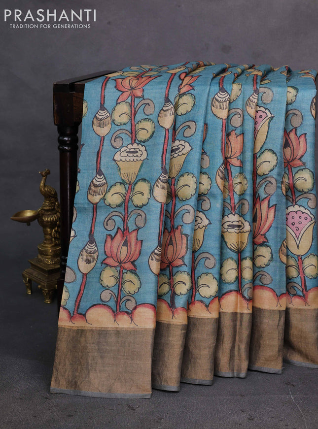 Teal Blue & Grey Pure Tussar Silk - Pen Kalamkari Prints