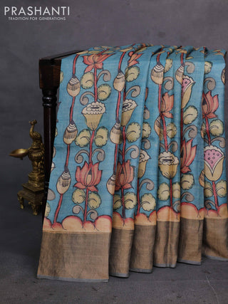 Teal Blue & Grey Pure Tussar Silk - Pen Kalamkari Prints