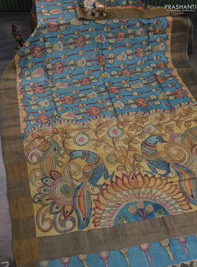 Teal Blue & Grey Pure Tussar Silk - Pen Kalamkari Prints