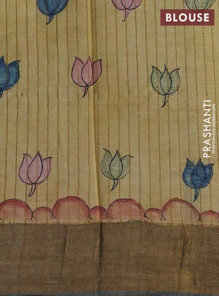 Teal Blue & Grey Pure Tussar Silk - Pen Kalamkari Prints