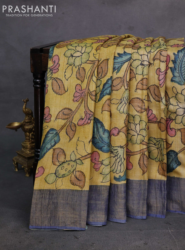 Yellow & Blue Pure Tussar Silk - Pen Kalamkari Prints