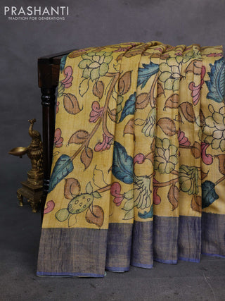 Yellow & Blue Pure Tussar Silk - Pen Kalamkari Prints