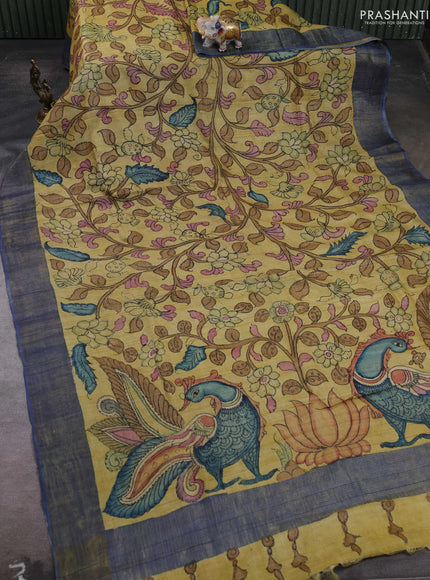 Yellow & Blue Pure Tussar Silk - Pen Kalamkari Prints