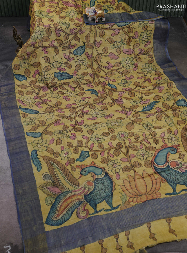 Yellow & Blue Pure Tussar Silk - Pen Kalamkari Prints