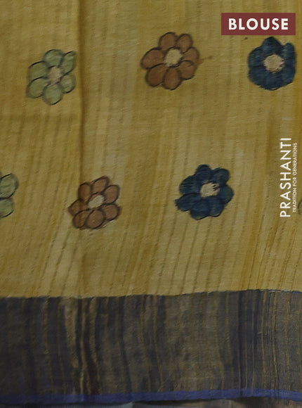Yellow & Blue Pure Tussar Silk - Pen Kalamkari Prints