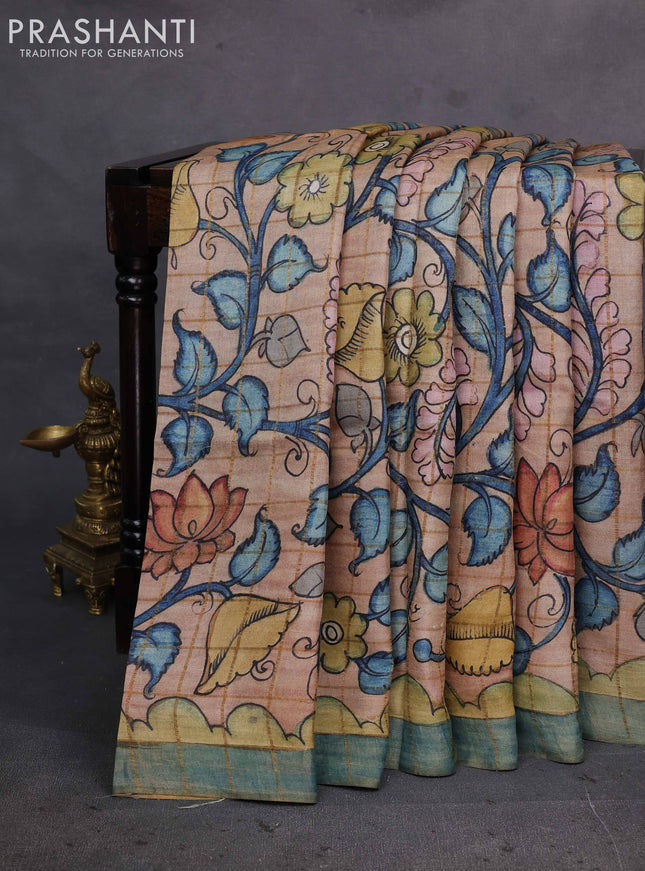 Beige & Green Pure Tussar Silk - Pen Kalamkari Prints