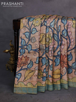 Beige & Green Pure Tussar Silk - Pen Kalamkari Prints