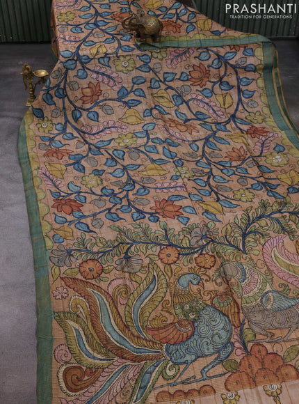 Beige & Green Pure Tussar Silk - Pen Kalamkari Prints