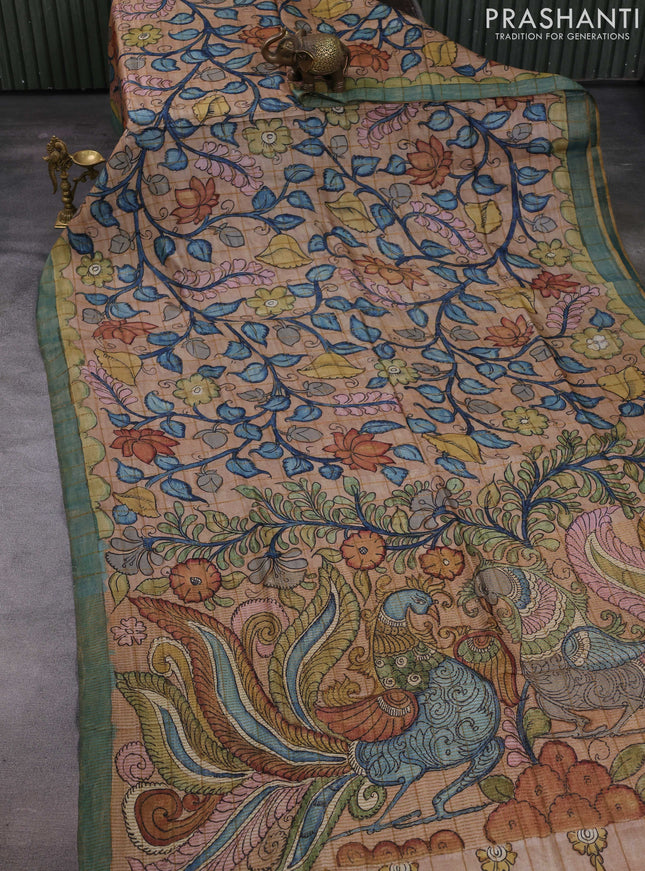 Beige & Green Pure Tussar Silk - Pen Kalamkari Prints