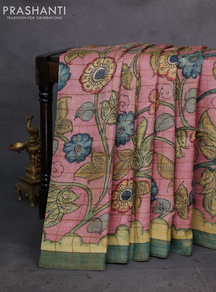 Peach Pink & Green Pure Tussar Silk - Pen Kalamkari Prints