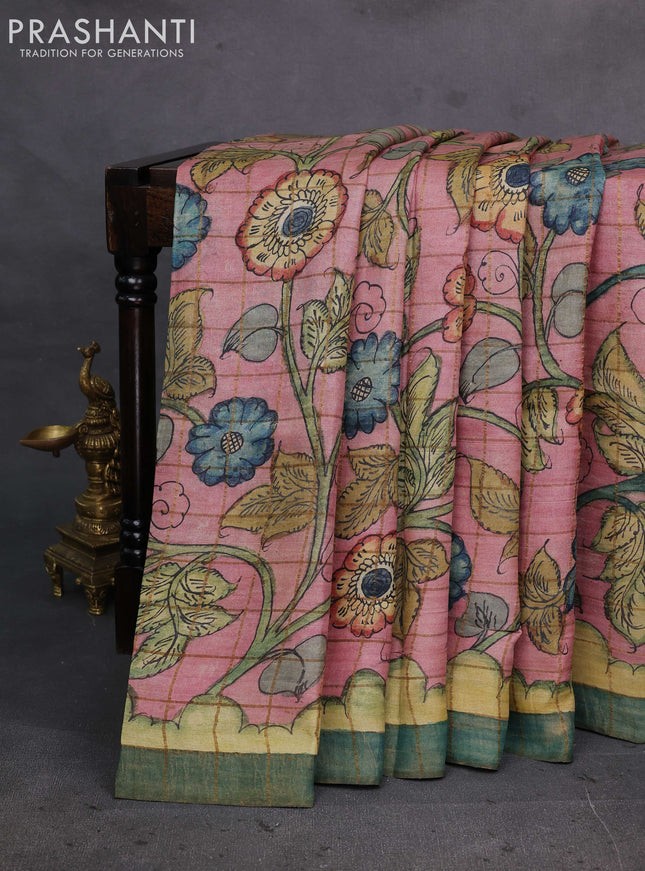 Peach Pink & Green Pure Tussar Silk - Pen Kalamkari Prints