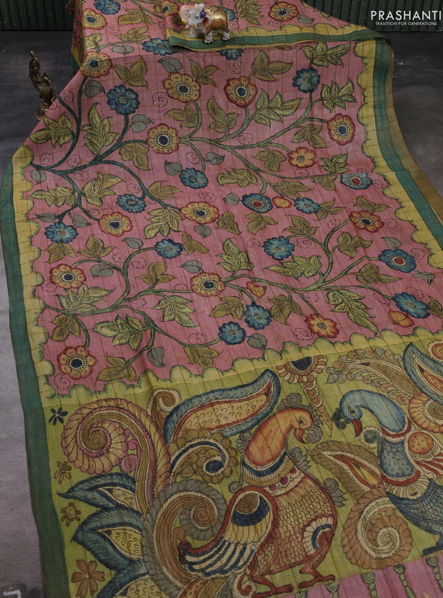 Peach Pink & Green Pure Tussar Silk - Pen Kalamkari Prints