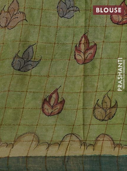Peach Pink & Green Pure Tussar Silk - Pen Kalamkari Prints