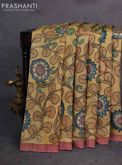 Sandal & Pastel Pink Pure Tussar Silk - Pen Kalamkari Prints