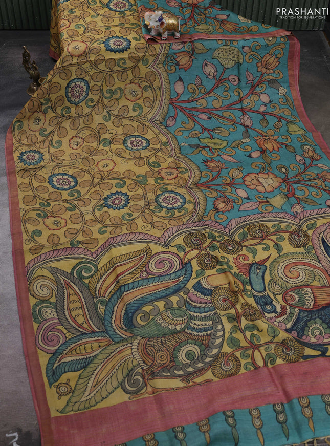Sandal & Pastel Pink Pure Tussar Silk - Pen Kalamkari Prints