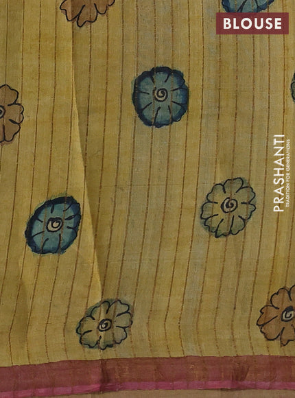 Sandal & Pastel Pink Pure Tussar Silk - Pen Kalamkari Prints