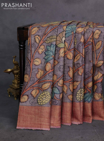 Grey & Mauve Pink Pure Tussar Silk - Pen Kalamkari Prints