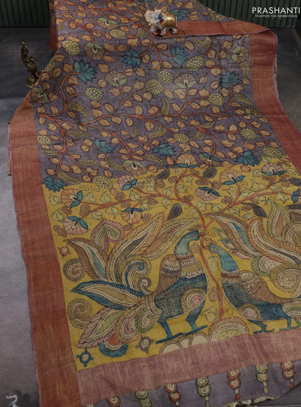 Grey & Mauve Pink Pure Tussar Silk - Pen Kalamkari Prints