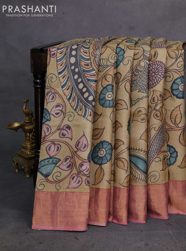 Sandal & Peach Pink Pure Tussar Silk - Pen Kalamkari Prints