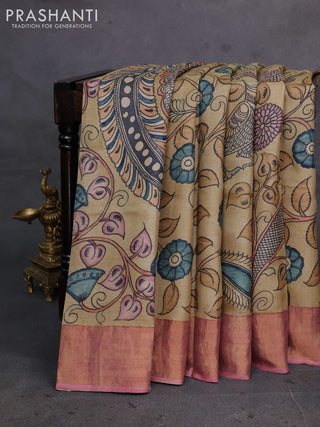 Sandal & Peach Pink Pure Tussar Silk - Pen Kalamkari Prints