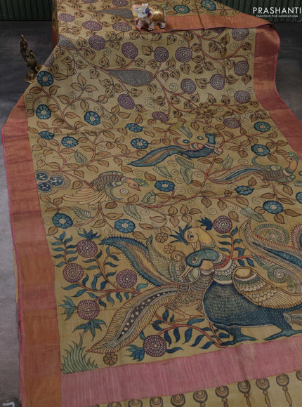 Sandal & Peach Pink Pure Tussar Silk - Pen Kalamkari Prints