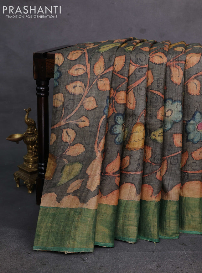 Grey & Green Pure Tussar Silk - Pen Kalamkari Prints