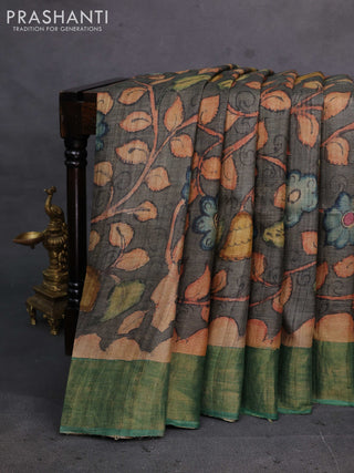 Grey & Green Pure Tussar Silk - Pen Kalamkari Prints