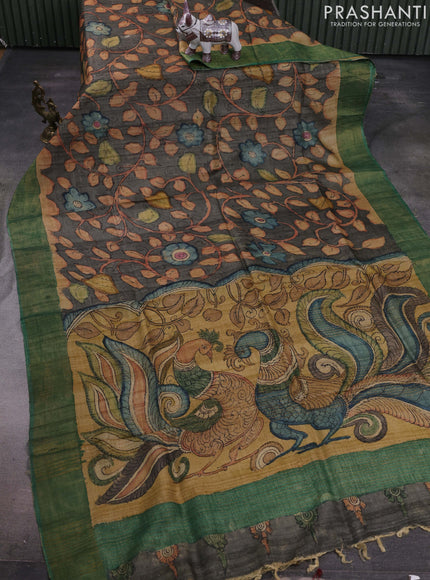 Grey & Green Pure Tussar Silk - Pen Kalamkari Prints