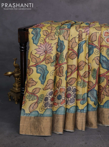 Yellow & Grey Pure Tussar Silk - Pen Kalamkari Prints