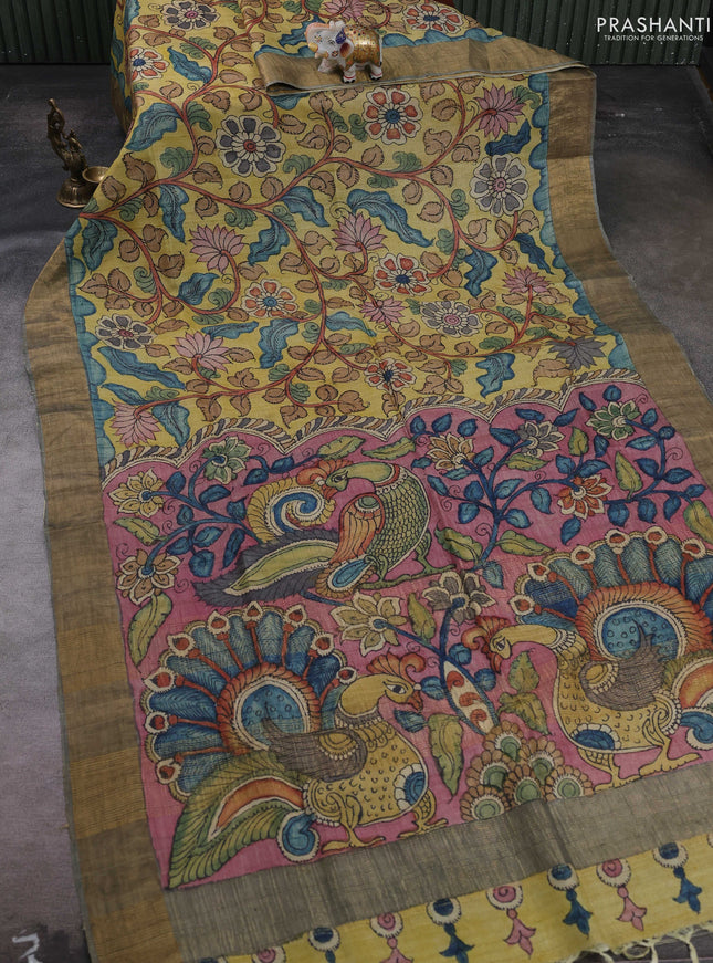 Yellow & Grey Pure Tussar Silk - Pen Kalamkari Prints
