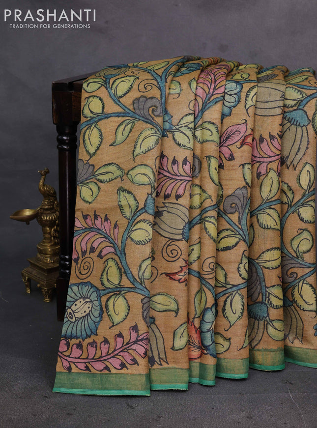 Sandal & Green Pure Tussar Silk - Pen Kalamkari Prints