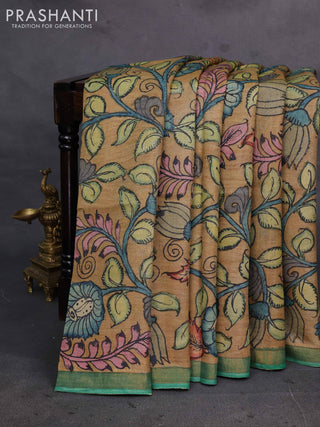 Sandal & Green Pure Tussar Silk - Pen Kalamkari Prints