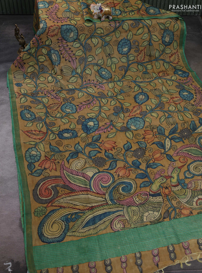 Sandal & Green Pure Tussar Silk - Pen Kalamkari Prints