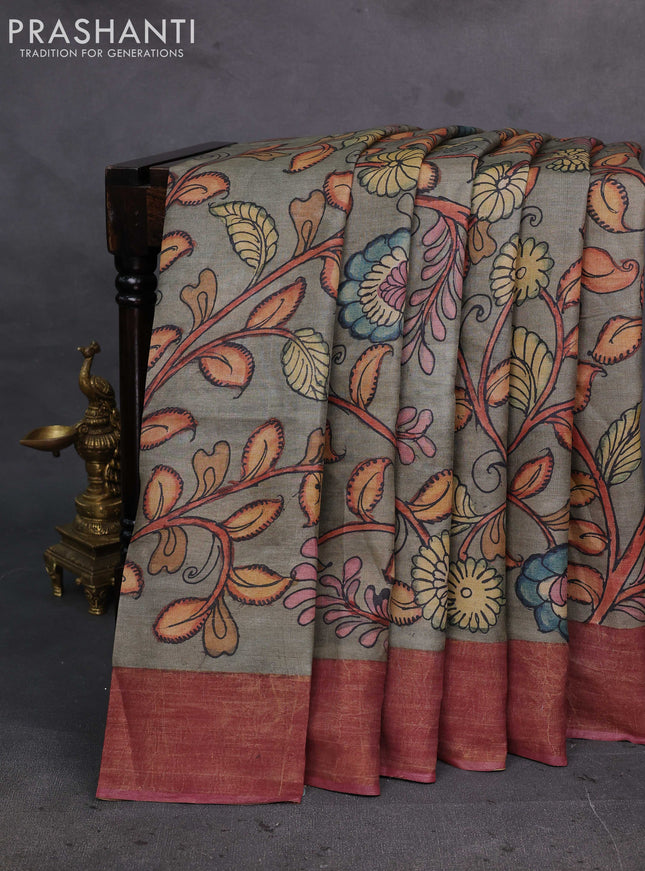 Grey & Mauve Pink Pure Tussar Silk - Pen Kalamkari Prints