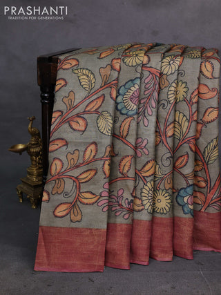 Grey & Mauve Pink Pure Tussar Silk - Pen Kalamkari Prints