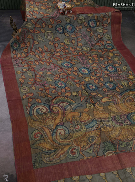 Grey & Mauve Pink Pure Tussar Silk - Pen Kalamkari Prints